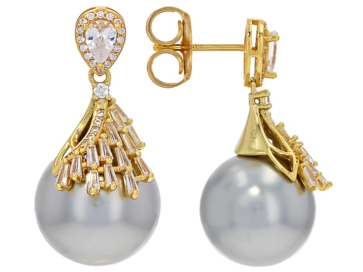 Pearlfection® Platinum Simulant With Cubic Zirconia 18K Yellow Gold Over Sterling Silver Earrings