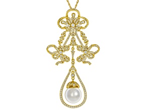 Pearlfection® White South Sea Simulant With Cubic Zirconia 18k Gold Over Silver Pendant With Chain