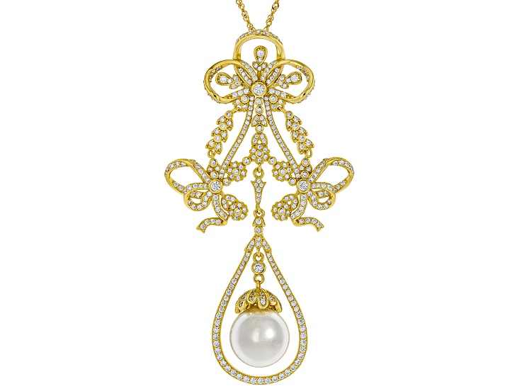 PearlfectionÂ® White South Sea Simulant With Cubic Zirconia 18k Gold Over Silver Pendant With Chain