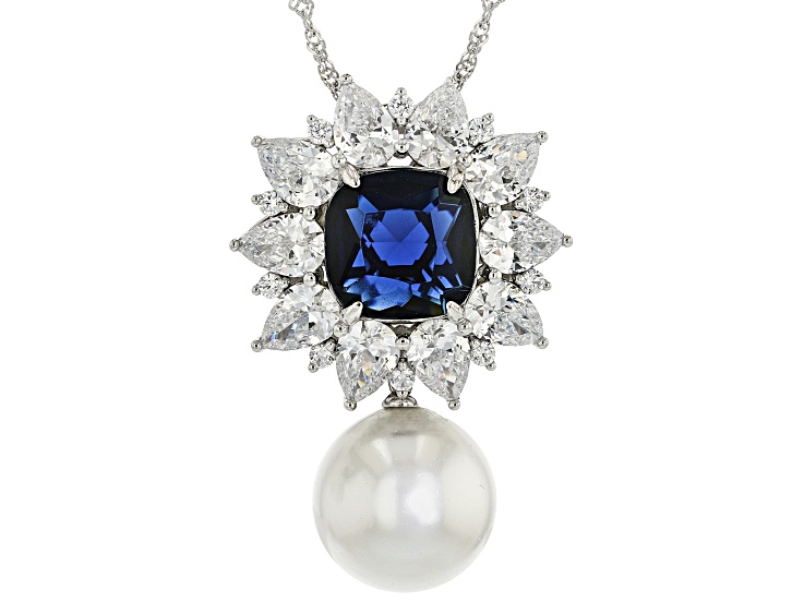 Pearlfection® White South Sea Simulant With Cubic Zirconia Rhodium Over Sterling Silver Pendant