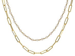 White Cultured Freshwater Pearl 18k Yellow Gold Over Bronze 16 Inch 2-Row Necklace