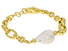 Perla Milano™ White Cultured Freshwater Pearl 18k Yellow Gold Over Bronze Oval Link Bracelet