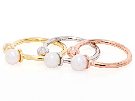 White Cultured Freshwater Pearl 18k Yellow Gold And Rhodium Over Bronze Ring Set of 3