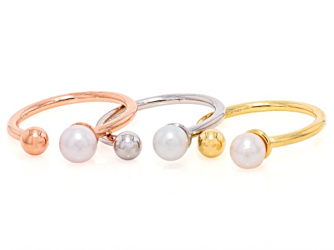 White Cultured Freshwater Pearl 18k Yellow Gold And Rhodium Over Bronze Ring Set of 3