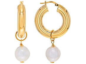 Perla Milano™ White Cultured Freshwater Pearl 18k Yellow Gold Over Bronze Hoop Earrings