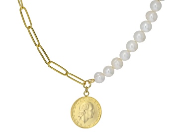Picture of Perla Milano™ Cultured Freshwater Pearl With Genuine 200 Lire Coin 18k Gold Over Bronze Necklace