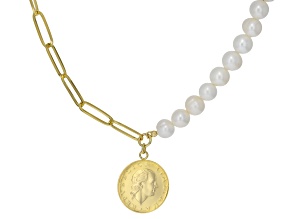 Cultured Freshwater Pearl With Genuine 200 Lire Coin 18k Gold Over Bronze Necklace