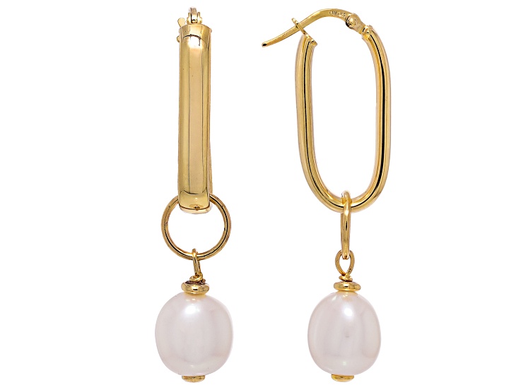 Genusisâ„¢ White Cultured Freshwater Pearl 18k Yellow Gold Over Bronze Hoop Earrings