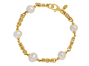White Cultured Freshwater Pearl 18k Yellow Gold Over Bronze Station Bracelet