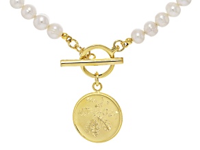 Perla Milano™ Cultured Freshwater Pearl With Genuine 20 Lire Coin 18k Gold Over Bronze Necklace