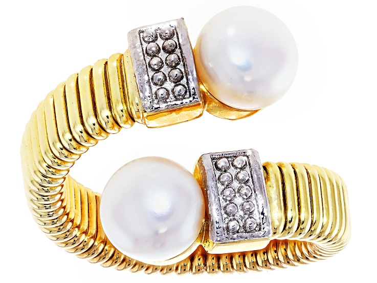 White Cultured Freshwater Pearl 18k Yellow Gold & Rhodium Over Bronze Bypass Ring