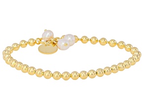 White Cultured Freshwater Pearl 18k Yellow Gold Over Bronze Stretch Bracelet