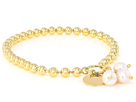 White Cultured Freshwater Pearl 18k Yellow Gold Over Bronze Stretch Bracelet