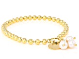 White Cultured Freshwater Pearl 18k Yellow Gold Over Bronze Stretch Bracelet