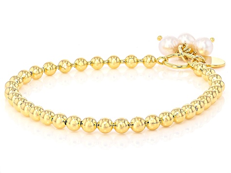 White Cultured Freshwater Pearl 18k Yellow Gold Over Bronze Stretch Bracelet