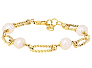 Picture of White Cultured Freshwater Pearl 18k Yellow Gold Over Bronze Station Bracelet