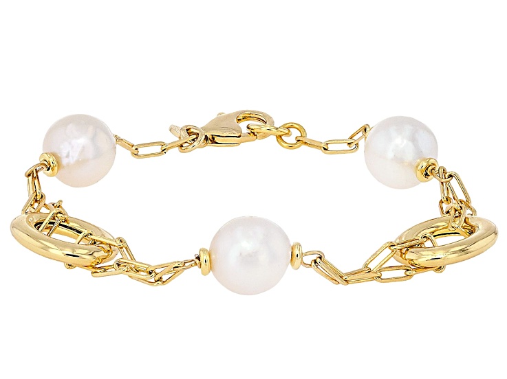 Genusis Pearls™ White Cultured Freshwater Pearl 18k Yellow Gold Over ...