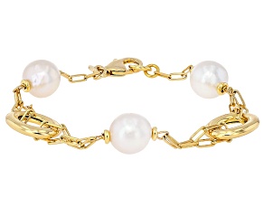 Genusis Pearls™ White Cultured Freshwater Pearl 18k Yellow Gold Over Bronze Station Bracelet