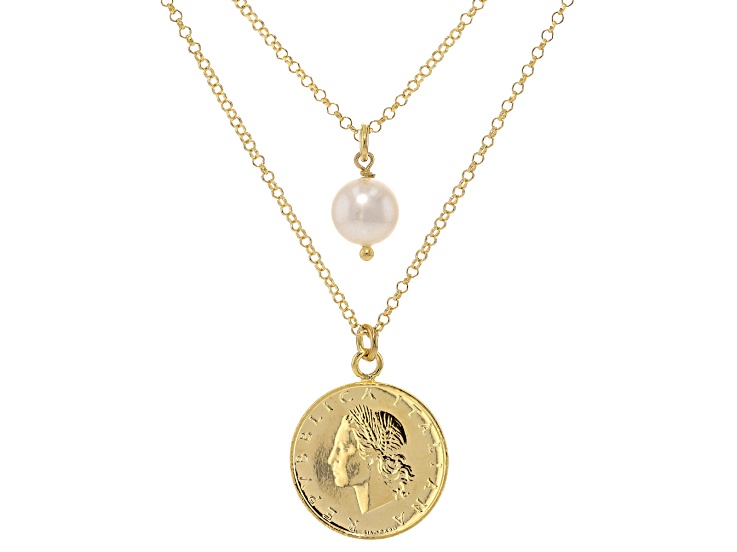Cultured Freshwater Pearl With Genuine 20 Lire Coin 18k Gold Over Bronze Necklace