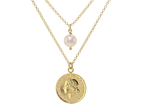 Cultured Freshwater Pearl With Genuine 20 Lire Coin 18k Gold Over Bronze Necklace