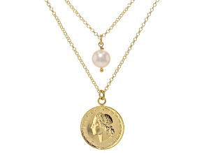 Cultured Freshwater Pearl With Genuine 20 Lire Coin 18k Gold Over Bronze Necklace