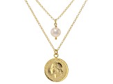 Cultured Freshwater Pearl With Genuine 20 Lire Coin 18k Gold Over Bronze Necklace
