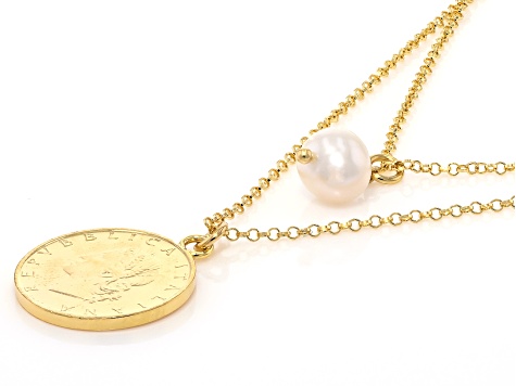 Cultured Freshwater Pearl With Genuine 20 Lire Coin 18k Gold Over Bronze Necklace