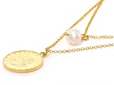 Cultured Freshwater Pearl With Genuine 20 Lire Coin 18k Gold Over Bronze Necklace