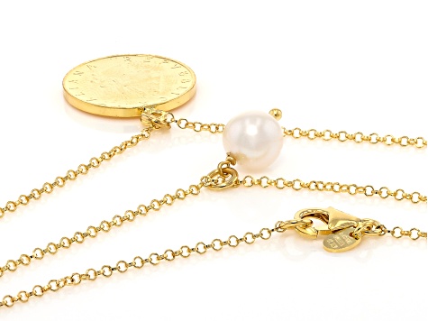 Cultured Freshwater Pearl With Genuine 20 Lire Coin 18k Gold Over Bronze Necklace