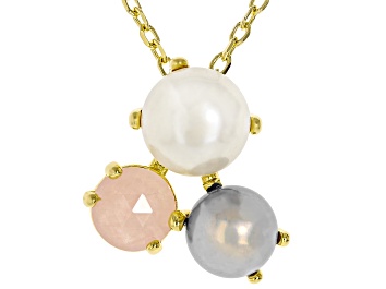 Picture of Multi-Color Cultured Freshwater Pearl & Rose Quartz 18k Gold Over Bronze Pendant