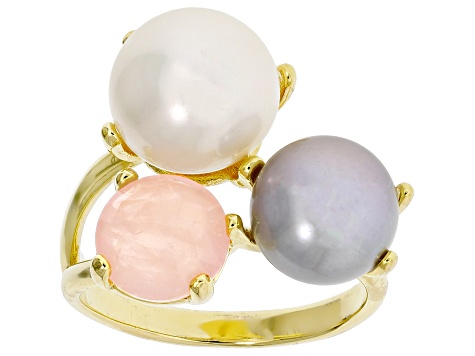 White & Gray Cultured Freshwater Pearl & Rose Quartz 18k Gold Over Bronze Ring