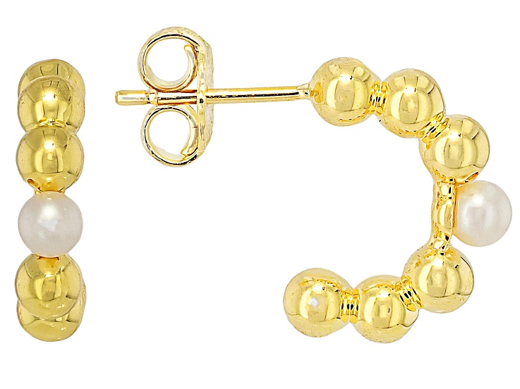 White Cultured Freshwater Bitsy Pearl 18k Yellow Gold Over Bronze Hoop Earrings