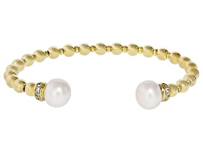 White Cultured Freshwater Pearl & Cubic Zirconia 18k Yellow Gold Over Bronze Bangle