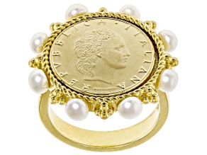 White Cultured Freshwater Pearl & Genuine 50 Lire Coin 18k Gold Over Bronze Ring