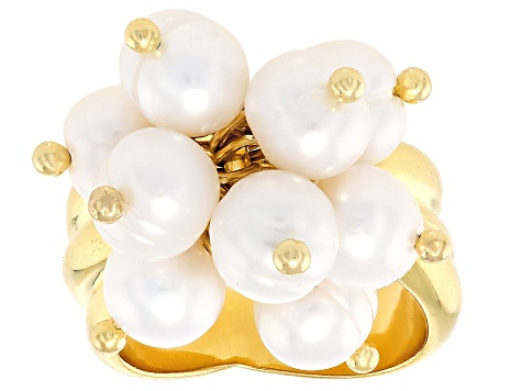 White Cultured Freshwater Pearl 18k Yellow Gold Over Bronze Ring
