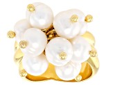 White Cultured Freshwater Pearl 18k Yellow Gold Over Bronze Ring