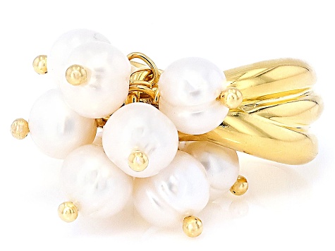 White Cultured Freshwater Pearl 18k Yellow Gold Over Bronze Ring