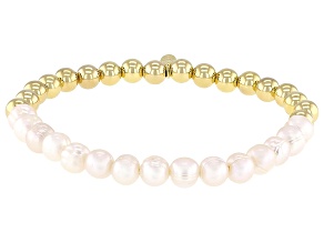 White Cultured Freshwater Pearl 18k Yellow Gold Over Bronze Stretch Bracelet