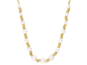White Cultured Freshwater Pearl 18k Yellow Gold Over Bronze Graduated 18 Inch Necklace