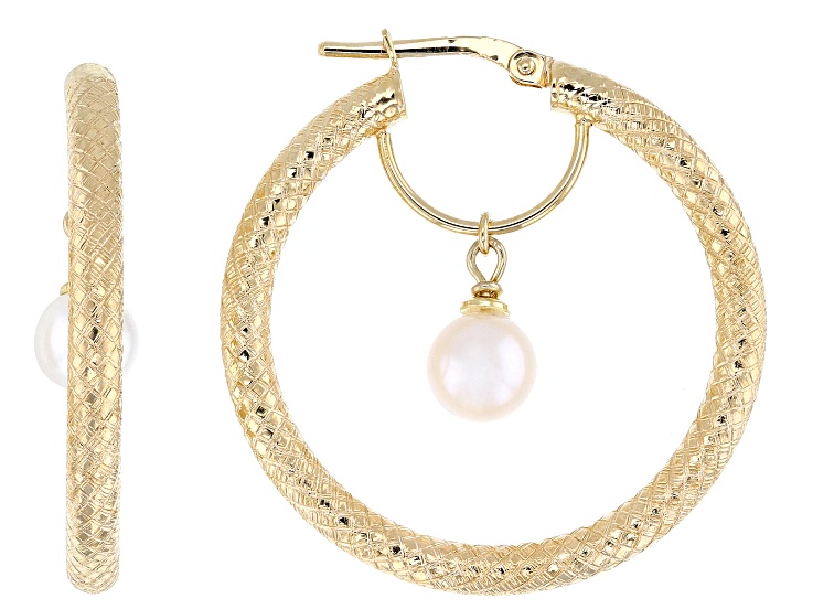 White Cultured Freshwater Pearl 18k Yellow Gold Over Bronze Hoop Earrings