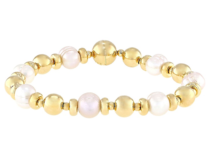 White Cultured Freshwater Pearl 18k Yellow Gold Over Bronze Station Bracelet