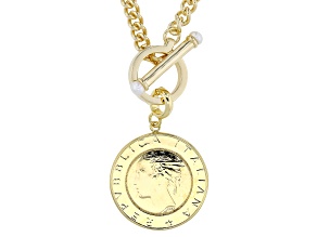 White Cultured Freshwater Pearl With Genuine 500 Lire Coin 18k Yellow Gold Over Bronze Necklace