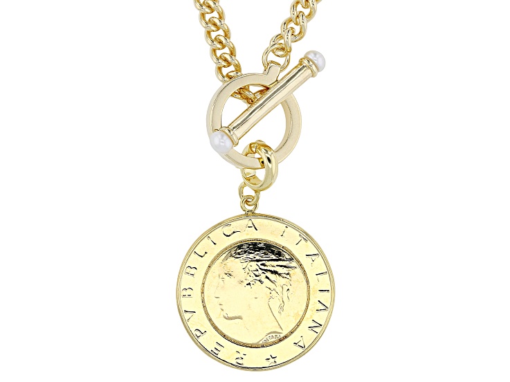 White Cultured Freshwater Bitsy Pearl With Genuine 500 Lire Coin 18k Gold Over Bronze Necklace