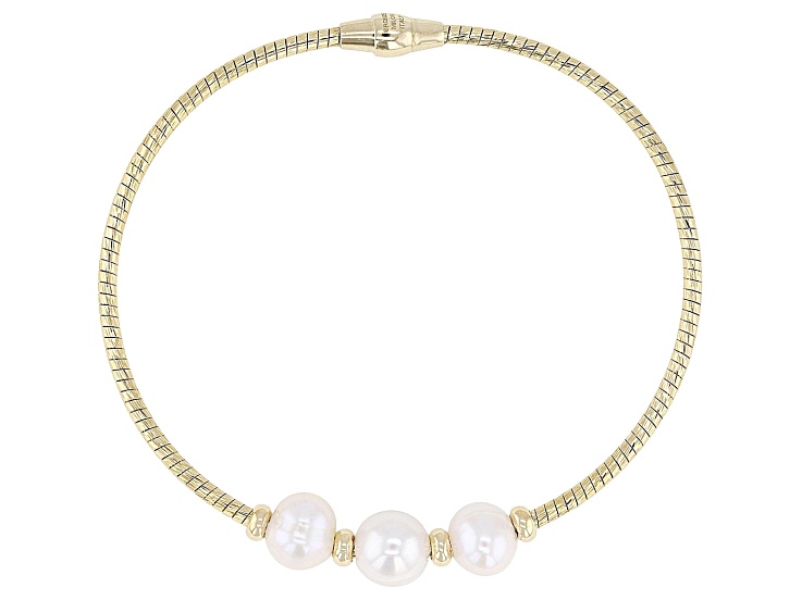 White Cultured Freshwater Pearl 18k Yellow Gold Over Bronze & Brass Bracelet
