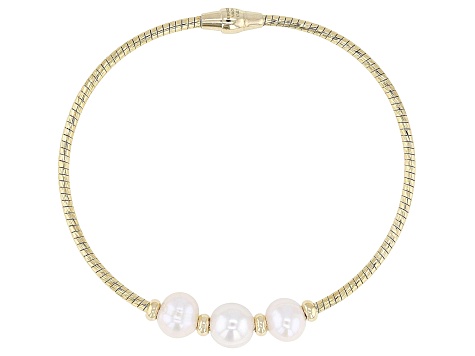 White Cultured Freshwater Pearl 18k Yellow Gold Over Bronze & Brass Bracelet