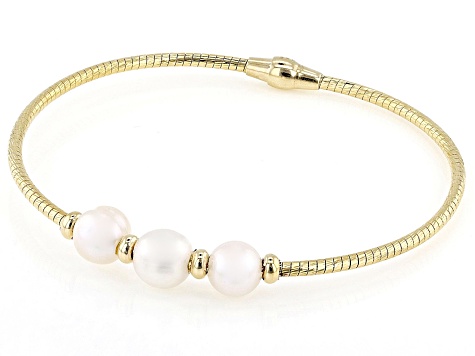 White Cultured Freshwater Pearl 18k Yellow Gold Over Bronze & Brass Bracelet
