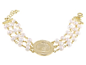 White Cultured Freshwater Pearl With Genuine 500 Lire Coin 18k Yellow Gold Over Bronze Bracelet
