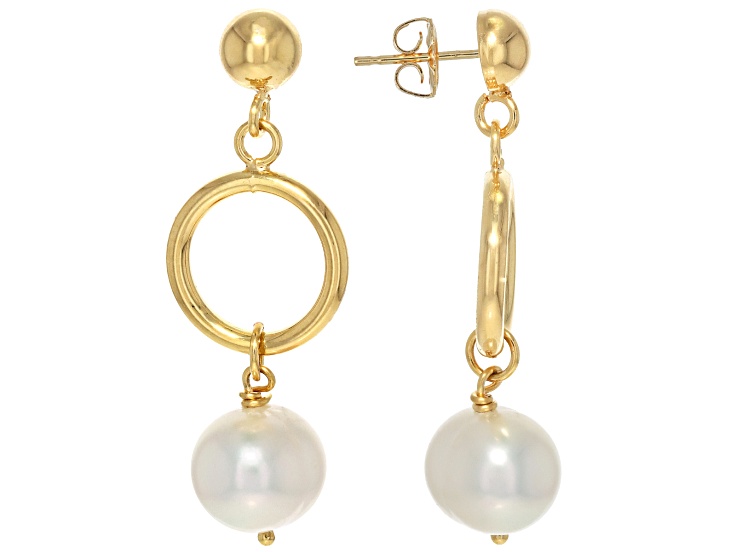 Genusisâ„¢ White Cultured Freshwater Pearl 18k Yellow Gold Over Bronze Earrings