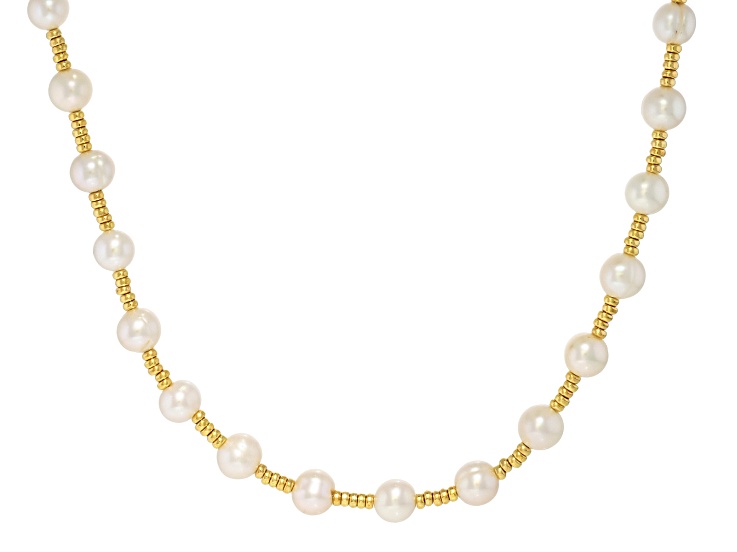 Genusisâ„¢ White Cultured Freshwater Pearl 18k Yellow Gold Over Bronze 18" Necklace