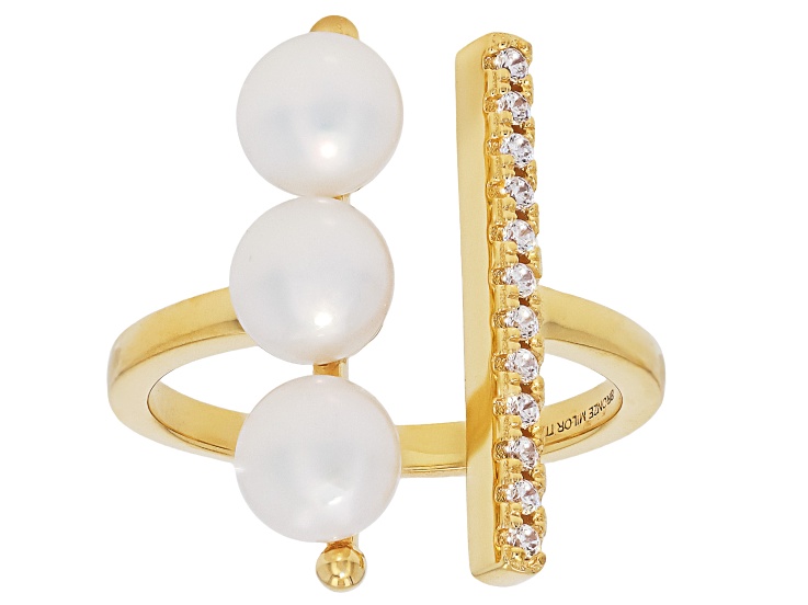 Genusisâ„¢ White Cultured Freshwater Pearl With White Cubic Zirconia 18k Yellow Gold Over Bronze Ring